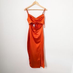 NWT Windsor Orange Satin Cut Out Bodycon High Slit Seona Midi Dress
